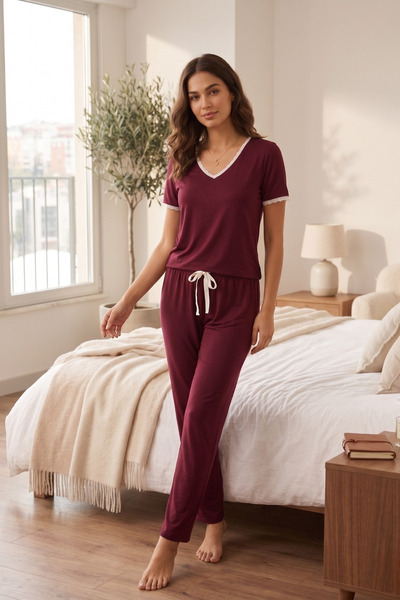 Miss Dünya Lissa Home Comfort V-Neck Lace Detailed Short Sleeve Pajama Set