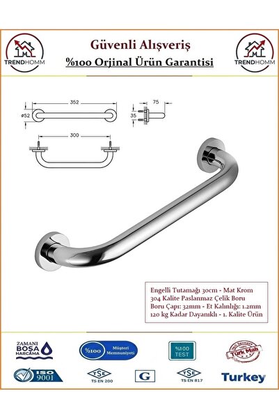 Trendhomm Engelli Tutunma Barı - Bedensel Engelli Küvet Tutunma Barı - 30cm