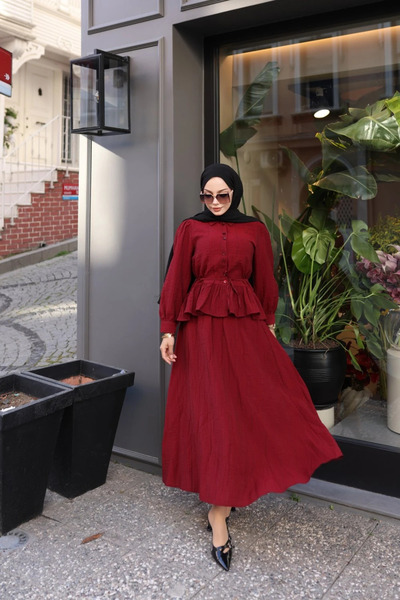 TATULA Balloon Sleeve Peplum Blouse and Skirt Set