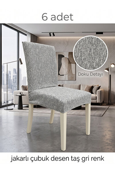 Hacer (6 ADET) jakarli çubuk DESEN LİKRALİ KUMAŞ Sandalye Örtüsü, Lastikli, E...