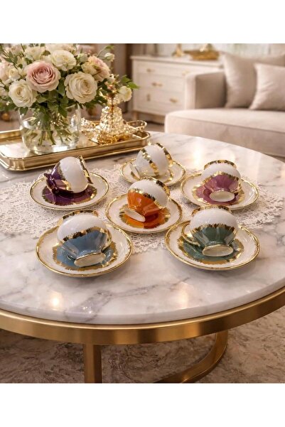 Handmade ESTERHOMEDECOR 6 Kişilik el boyama porselen kahve fincan takımı