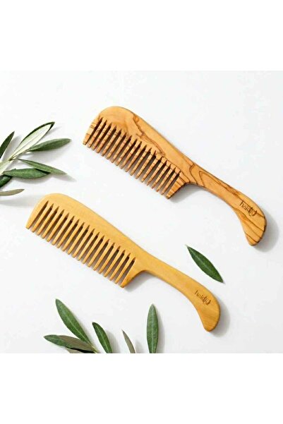 Hakiki Store Kişiye Özel Saplı Şimşir ve Zeytin Tarak Seti 23 Cm | Doğal El Y...