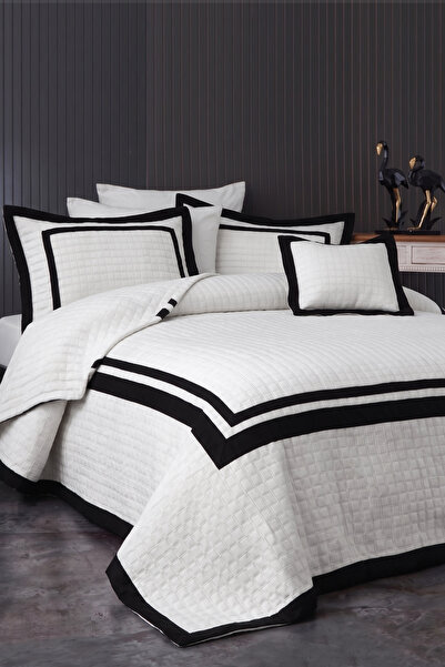 EvienHome Ριγέ Κάλυμμα Κρεβατιού Διπλό 4 Τεμαχίων Κρεμ Μαύρο