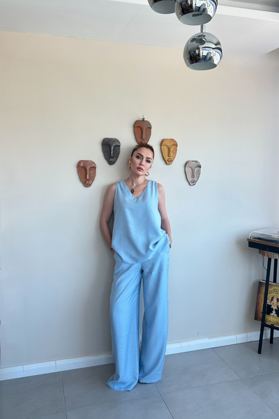 toi butik Mavi Kolsuz Bluz Pantolon Takım