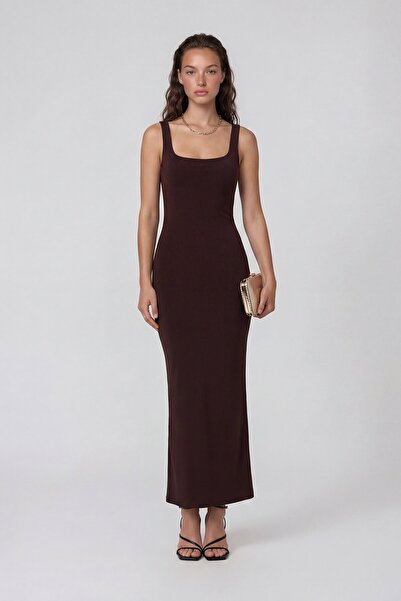 VAGGON Φόρεμα μίντι με τετράγωνο λαιμόκοψη, τιράντες και χαμηλή πλάτη με σκίσιμο