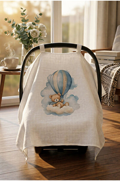 bebeqon %100 Müslin Bebek Puset Örtüsü Ayıcık Desenli Beyaz 70x110 cm