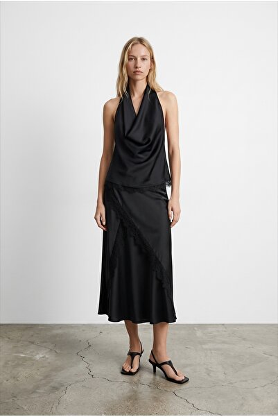 Quzu Δαντελένια ριγέ σατέν μίντι φούστα μαύρη