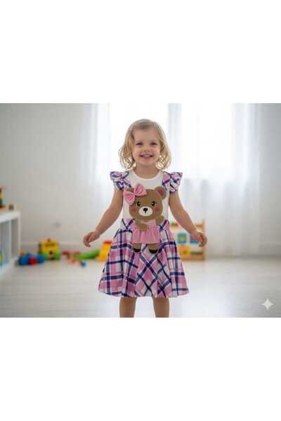 bubiee baby طقم من قطعتين للفتيات يتكون من فستان جيليه وردي منقوش بتطريز دب و...