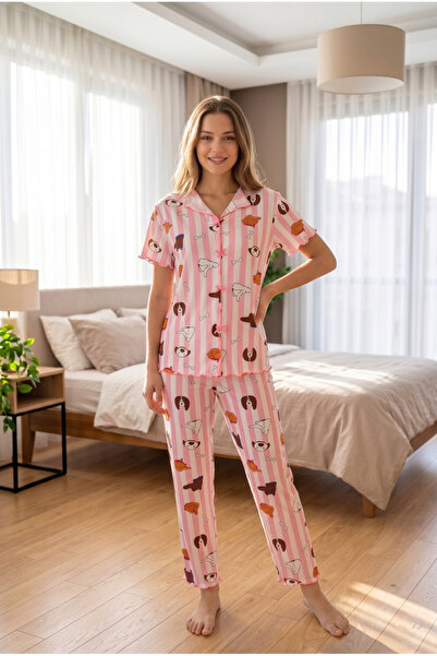 Arvin Pijama Γυναικείο σετ πιτζάμες με ροζ ριγέ σχέδιο, απαλή μεταξένια υφή, ...