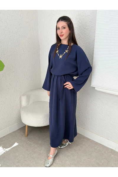 TATULA Comfortable Cut Long Dress with Tie Detail