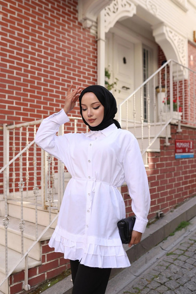 TATULA Buttoned Tunic with Waist Tie and Ruffle Detail