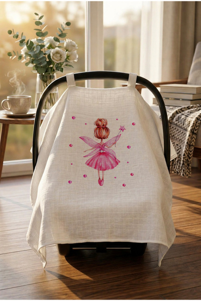bebeqon %100 Müslin Bebek Puset Örtüsü Peri Kızı Desenli Beyaz 70x110 cm