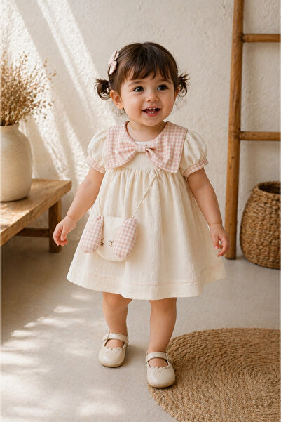 My Lusa baby wear Mila %100 Pamuk Kız Bebek Elbise I Kareli Fiyonk Yaka Detay...