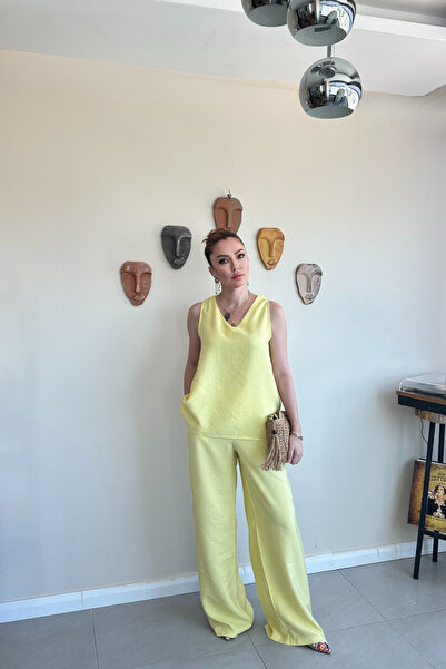 toi butik Sarı Kolsuz Bluz Pantolon Takım