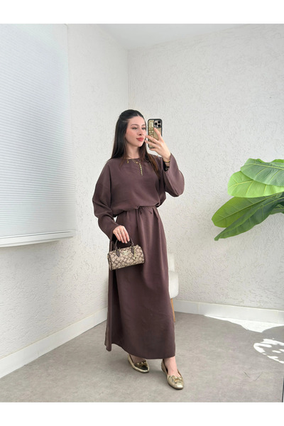 TATULA Comfortable Cut Long Dress with Tie Detail
