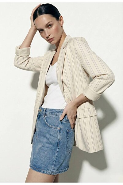 B&Y COLECTION Çift Cepli Çizgili Keten Oversize Kadın Ceket