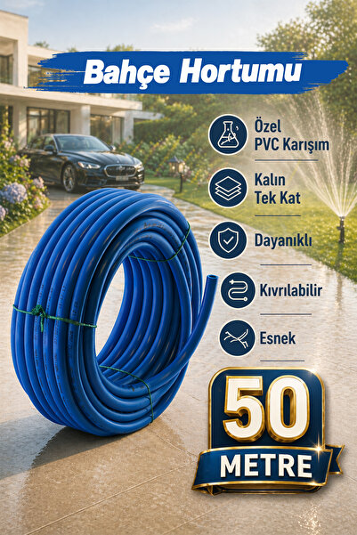 Badem10 (50 Metre) Süper Mavi Kauçuklu Bahçe Hortumu Ekstra Kalın Sağlam Su S...