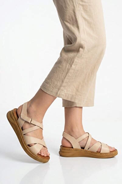 AYAKMOD Beige Lightweight Soft Sole Velcro Women's Sandals 492142 Z