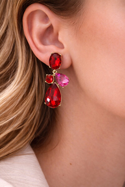 Lilith Takı Red & Pink Stone Dangle Earrings – Sparkling and Eye-Catching Design