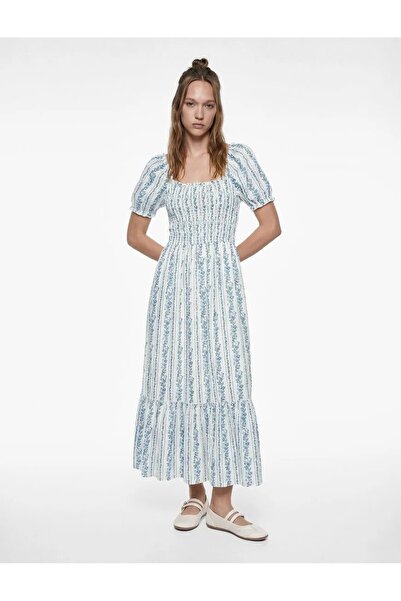 Koton Cotton Short Balloon Sleeve U-Neck Gipeli Floral Maxi Dress