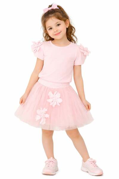 NK Κοριτσίστικο σετ 2 τεμαχίων με λεπτομέρεια λουλουδιών και φούστα τούτου, ροζ