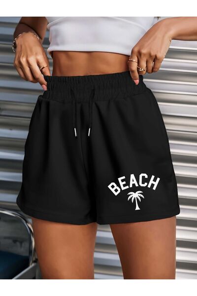 CLASSY.MODA Μαύρο σορτς με στάμπα, άνετη εφαρμογή, ελαστική μέση, καθημερινό ...