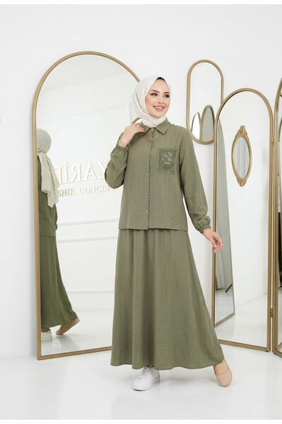 wishne Airobin Fabric Pocketed Skirt and Shirt Set - Modern Hijab Set with Em...
