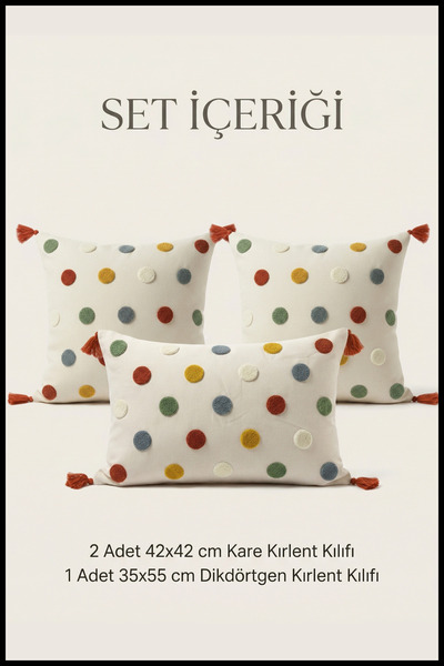 cottoncloth Puantiye Punch Nakışlı Dekoratif Kırlent Seti 2 Kare 1 Dikdörtgen...