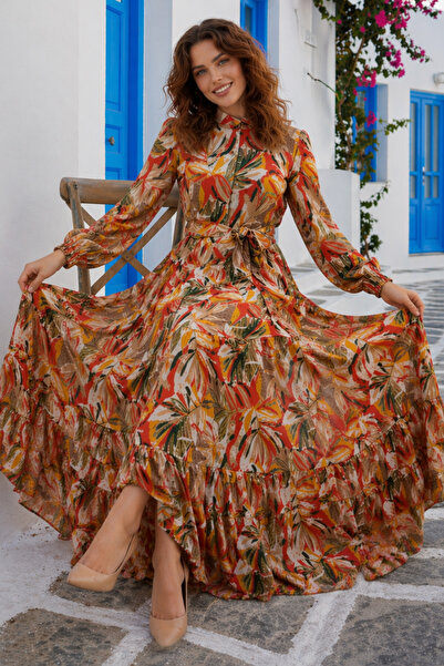 benguen Φόρεμα Τζέσικα με σχέδια και μανίκια μακριά, κίτρινο B607