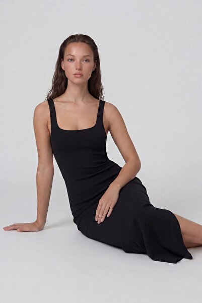 VAGGON Φόρεμα μίντι με τετράγωνο λαιμόκοψη, τιράντες και χαμηλή πλάτη με σκίσιμο