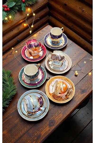 Handmade ESTERHOMEDECOR 6 Kişilik el boyama porselen kahve fincan takımı