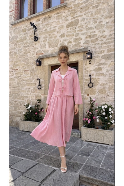 GLOW MUSE Önü Bağlamalı Etek Takım -Pembe