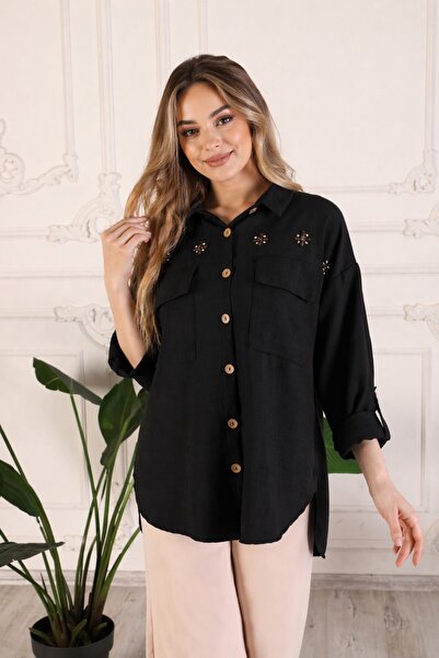 Women's Shirt Black Embroidery Detailed Buttoned Stylish Casual Cut Casual