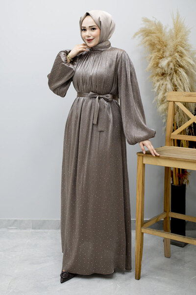 Tesettür Dünyası Βραδινό φόρεμα με μανίκια μπαλόνι και πέτρινη λεπτομέρεια TS...