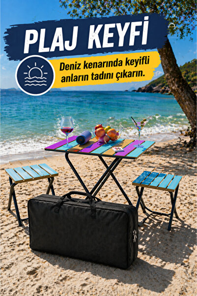Bino Kamp Masası Seti 2 Tabure Taşıma Çantası Katlanır Ahşap Piknik Masası