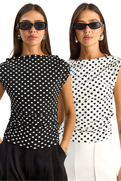 Bianco Lucci Γυναικεία μπλούζα Degaje με γιακά, πουά, με λεπτομέρεια από κορδ...