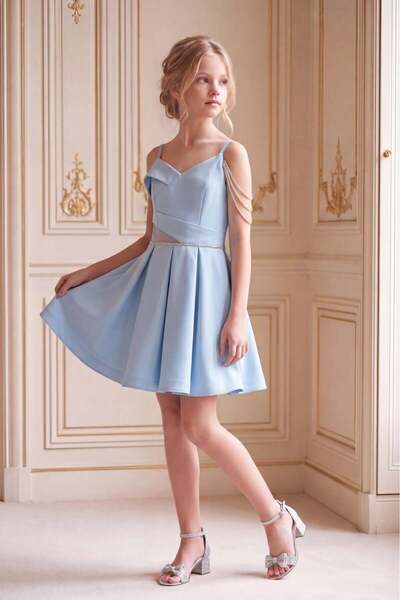 BUTİKHAPPYKİDS Κοριτσίστικο βρεφικό μπλε βραδινό φόρεμα, κοντό κρεπ με ένα μα...