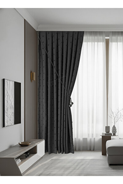 cheap's home Ponponlu Kabartma Dokulu Modern Keten Fon Perde - Sık Pileli 1/3...