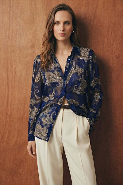 Sateen Πουκάμισο με σχέδιο σάλι και κορδόνι στο μανίκι - Ναυτικό μπλε