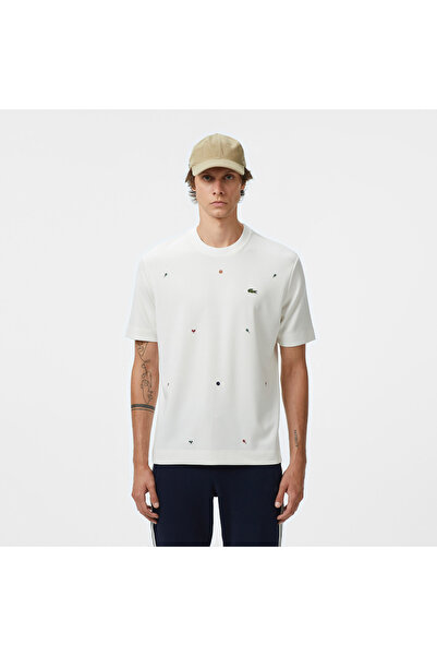 Lacoste Erkek Loose Fit Bisiklet Yaka Desenli Beyaz T-Shirt