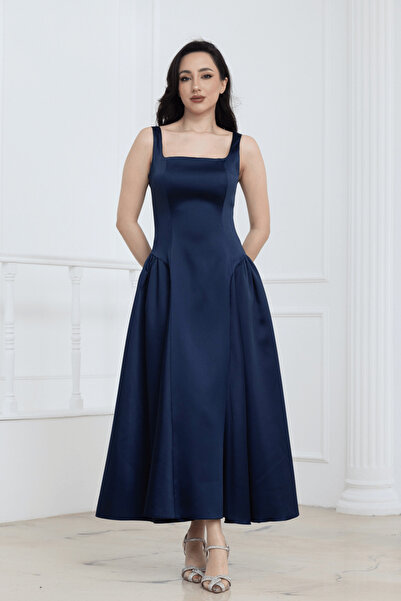 BEYBOS Φόρεμα μίντι σατέν με κορδόνι στη μέση - ΣΚΟΥΡΟ ΜΠΛΕ