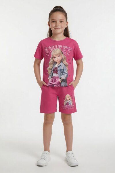 Cansın Mini Ροζ Sweet Written Character Printed Σετ Σορτς για Κορίτσια 2 τεμα...