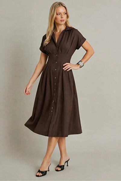 Cool & Sexy Καφέ φόρεμα μίντι με κουμπιά – Στενή εφαρμογή στη μέση, άνετη γρα...