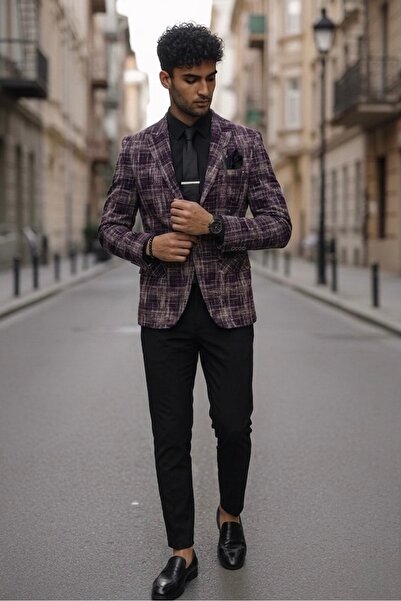 dehaine Ανδρικό σακάκι, στενή γραμμή, καρό, B4980, μπορντό