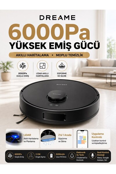 Dreame Lazer Haritalamalı 6.000 Pa Çekim Gücü Sunan Islak Kuru Temizlik Yapan...