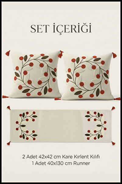 cottoncloth Papatya Punch Nakışlı Papatya Desenli Kırlent Runner Seti 2 Kare ...