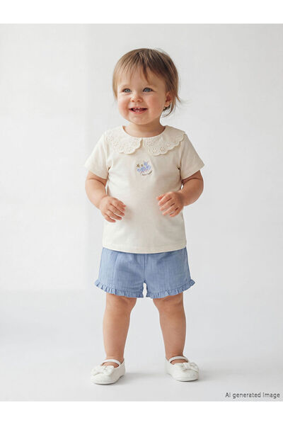 LC Waikiki Ecru Embroidered Baby Girl T-Shirt and Shorts Set