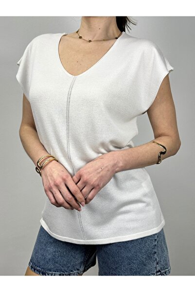 GND Πλεκτή μπλούζα από βισκόζη με λεπτομέρεια ραφής, λαιμόκοψη V και κοντά μα...