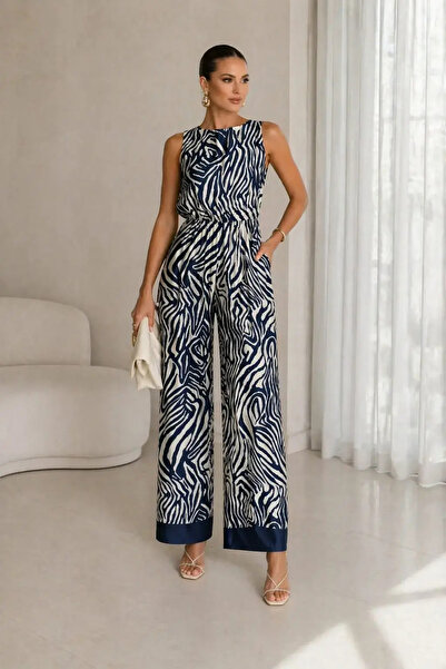 Sateen Γυναικεία ολόσωμη φόρμα με σχέδιο ζέβρας σε κρεμ και μπλε αποχρώσεις