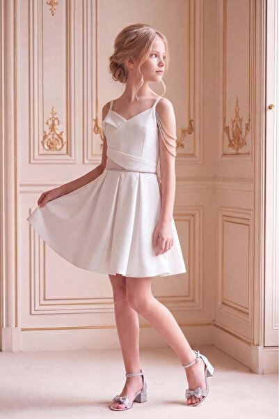 BUTİKHAPPYKİDS Κοριτσίστικο Κρεμ Βραδινό Φόρεμα, Κοντό Κρεπ Φόρεμα με Ένα Μαν...